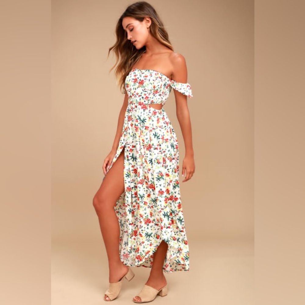 Lulu's Lush Easy on the Eyes Cream Floral Off-the-Shoulder Maxi Dress - medium